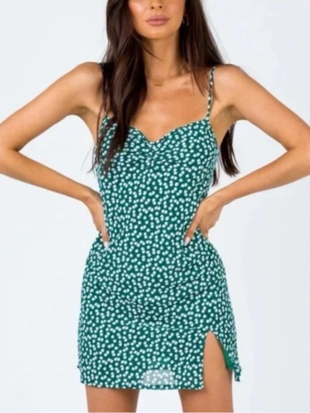 SHEIN Green Floral Spaghetti-Strap Mini Dress with Side Slit